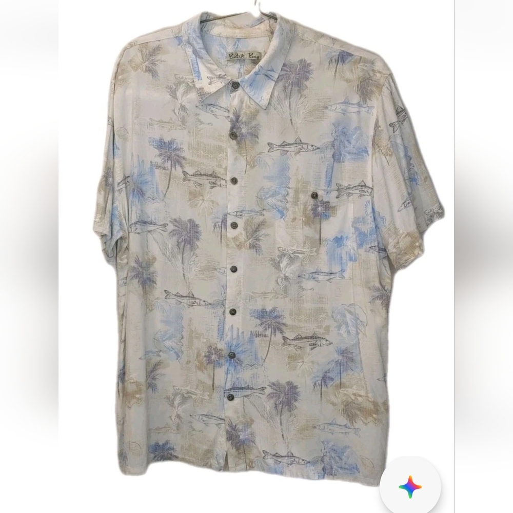 Batik Bay Fishing Hawaiian Shirt Men Sz 2XB Beach Palm Trees Coastal Button AOP
